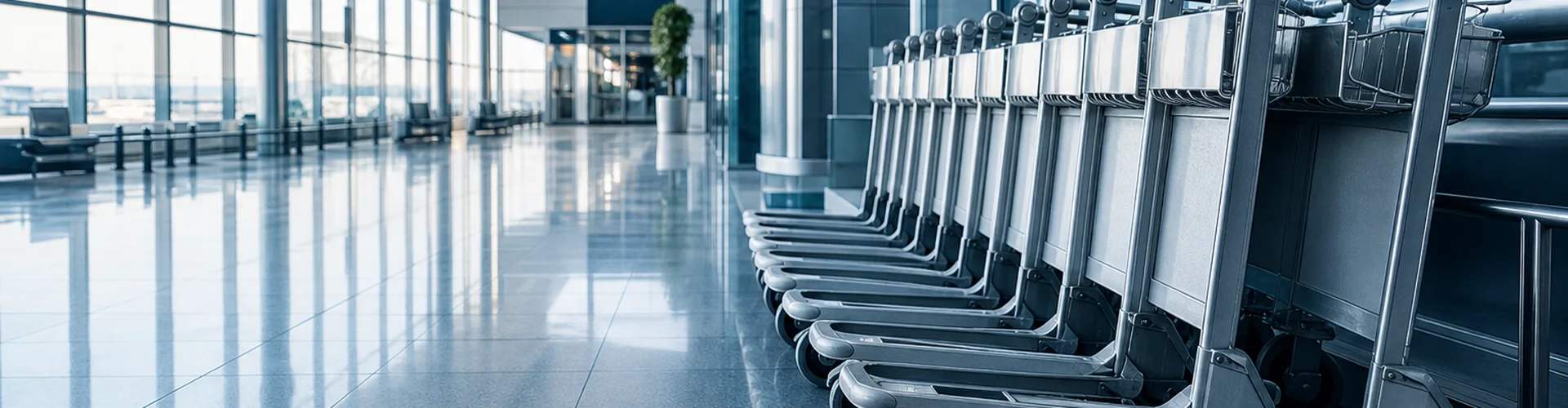 Row of airport luggage trolleys lined up inside a terminal hall