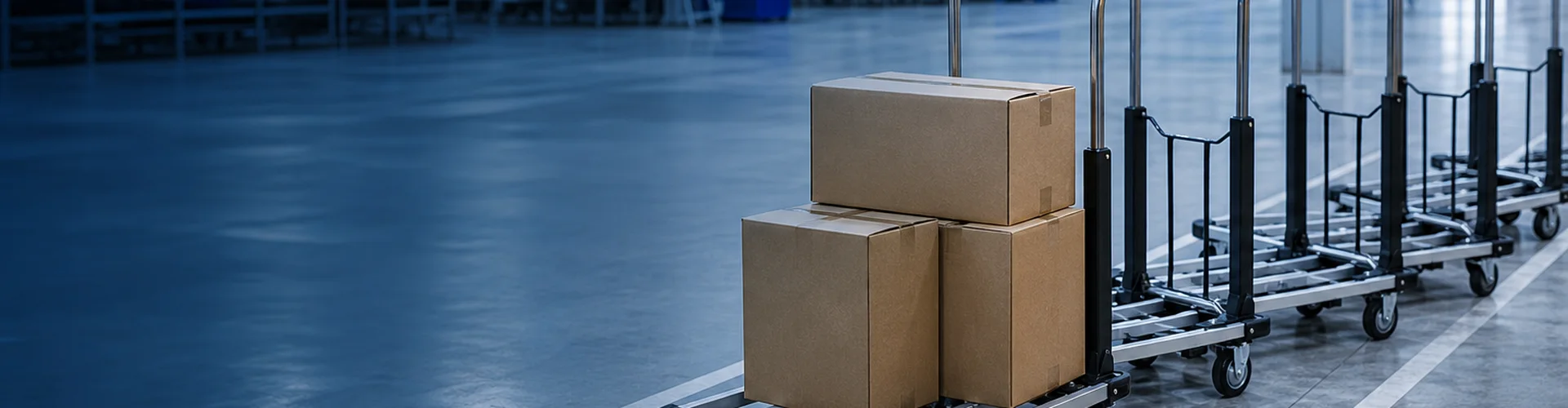 Flatbed carts carrying carton boxes across a warehouse floor