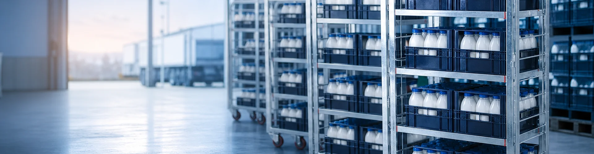 Zinc-plated milk roll cage trolleys loaded with dairy crates in a distribution warehouse