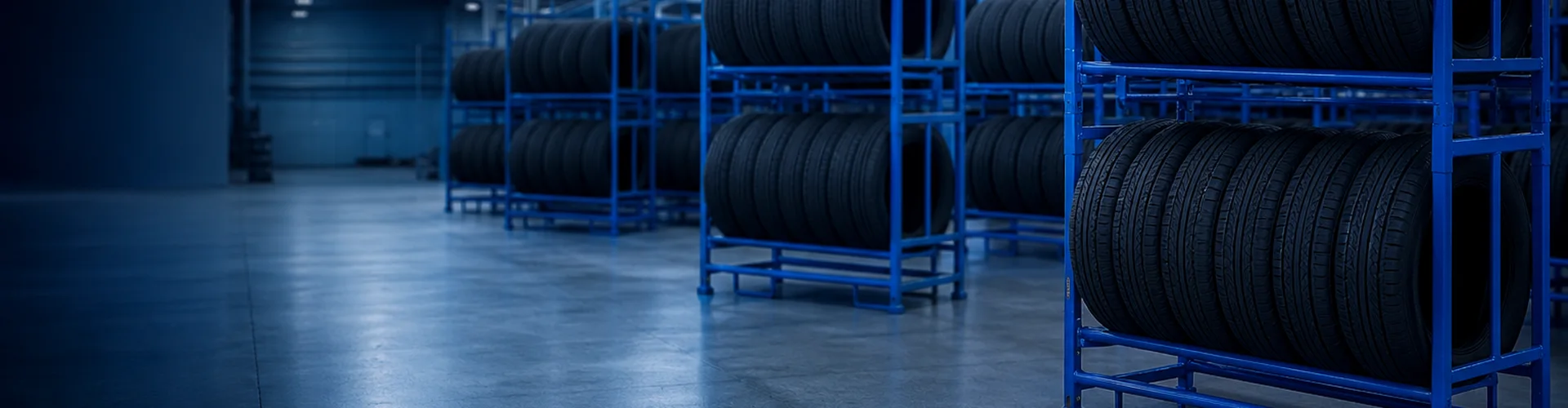 Custom steel automotive racks loaded with tires in an OEM workshop