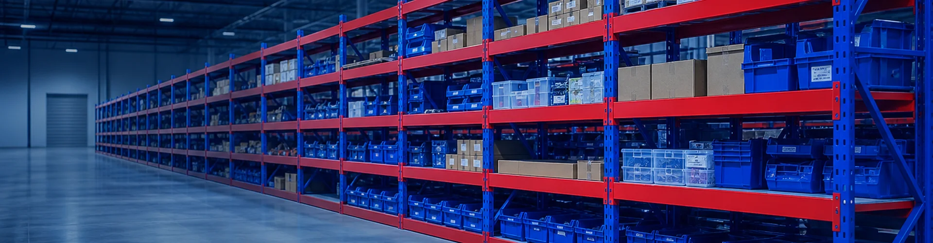 Red and blue heavy duty warehouse shelving loaded with boxed goods