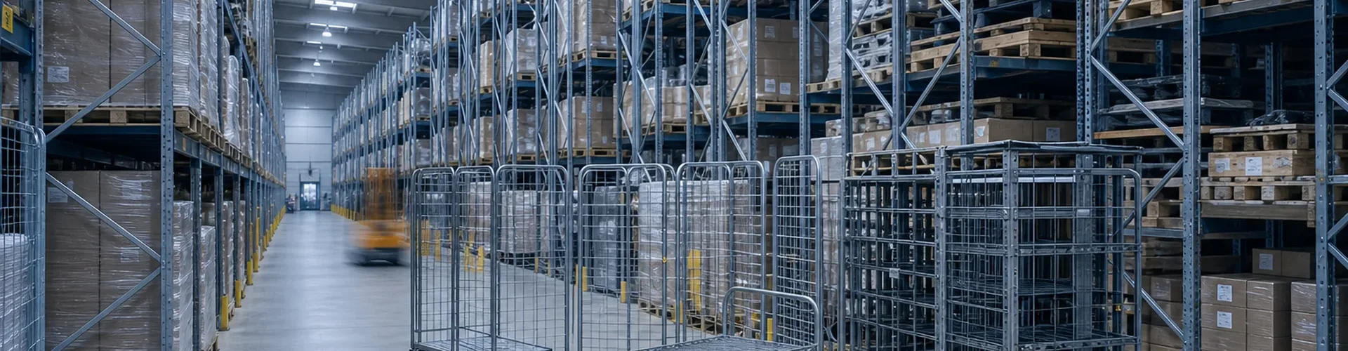 Warehouse storage solutions with loaded pallet racking and a forklift at work in a high-bay aisle