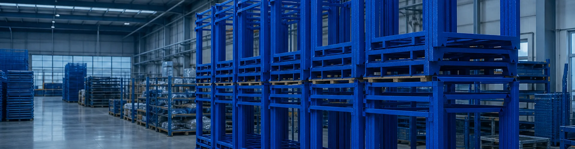 Blue steel stillages, turnover material racks and post pallets stored in a factory warehouse