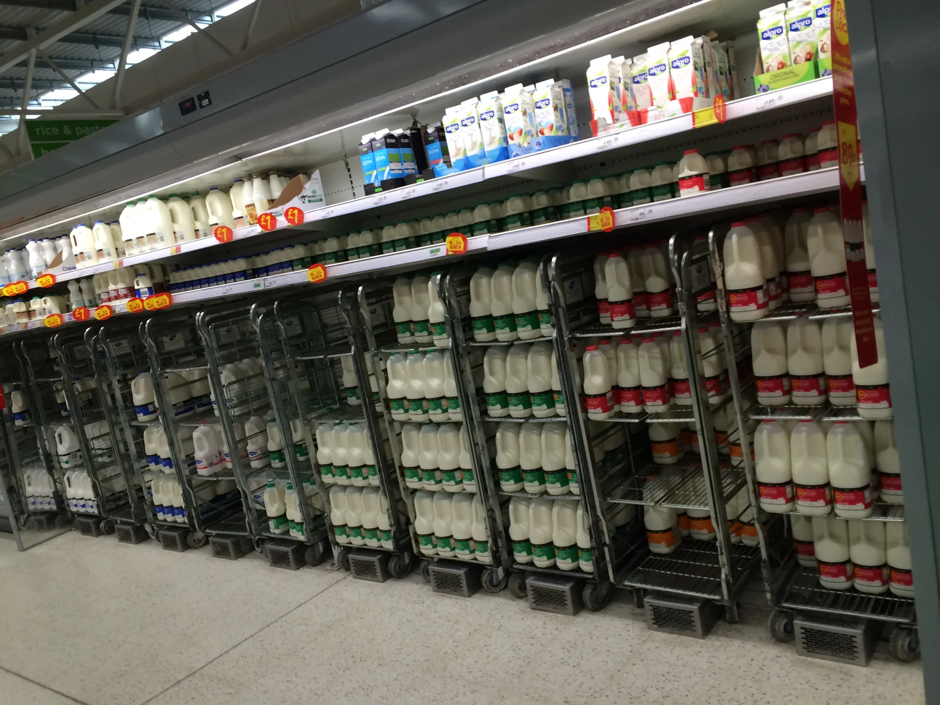 Row of milk trolleys loaded with milk bottles inside a supermarket chiller