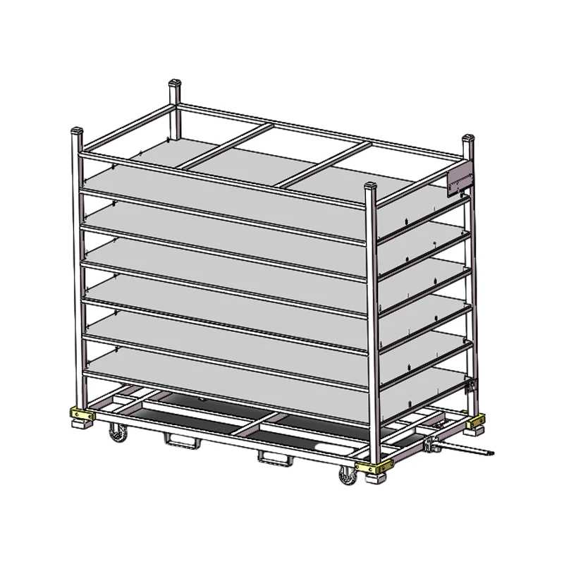 Multi-level stacking pallet rack in aluminum finish for automotive panels