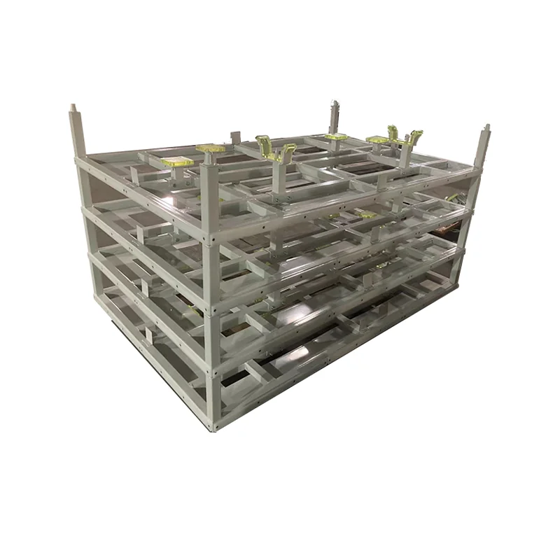 Custom rack with rows of positioned stamped parts on multiple levels