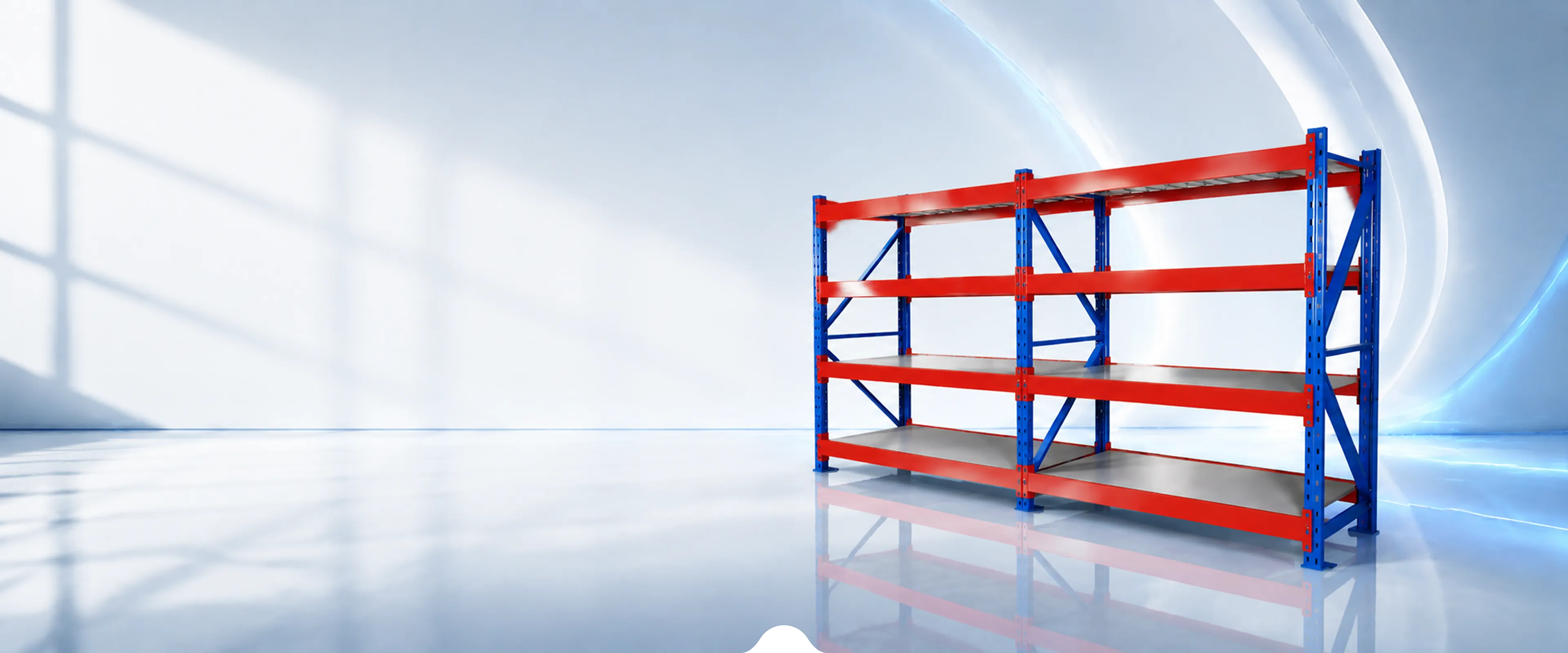 Blue and red steel shelf racks by Ping Fang