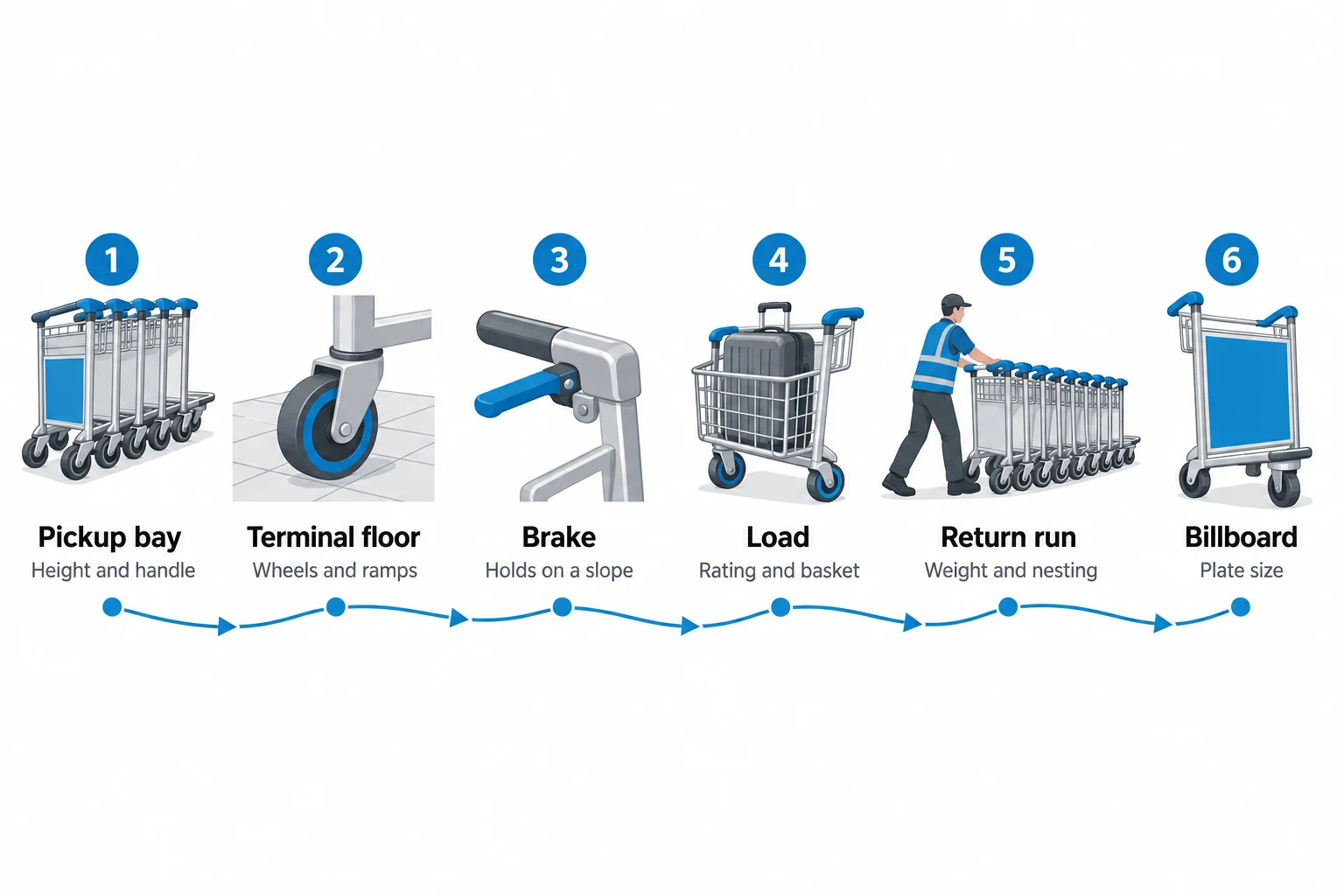 Diagram of the six stops of an airport luggage trolley, pickup bay, terminal floor, brake, load, return run and advertising plate