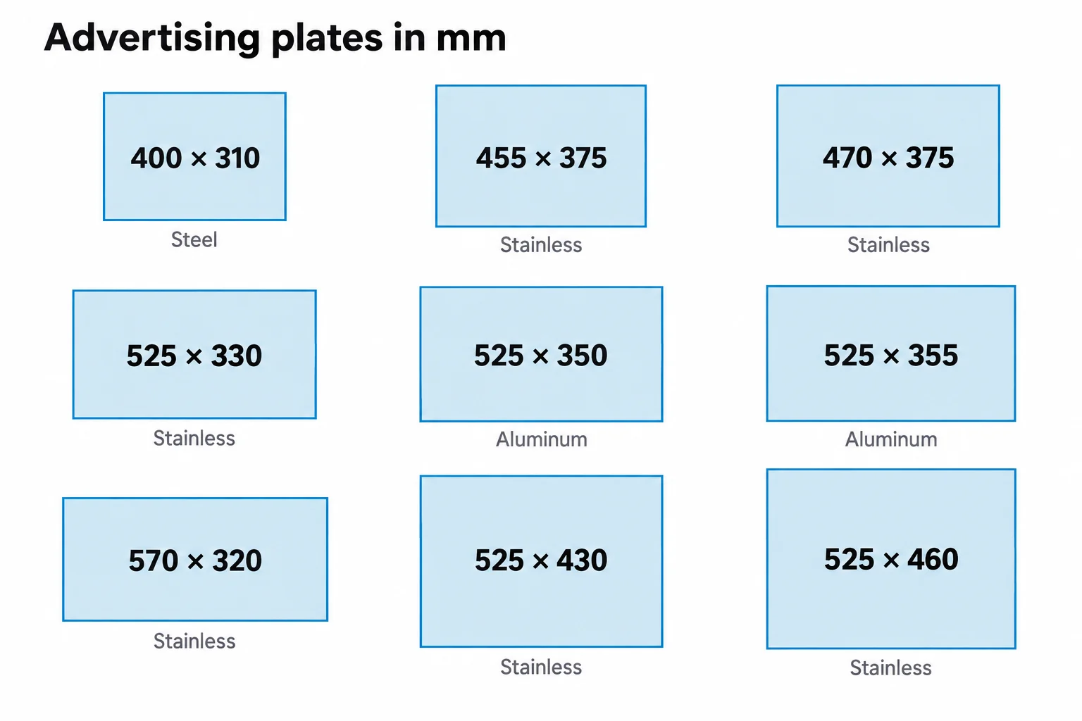 To-scale diagram of the advertising plate sizes of Ping Fang airport luggage trolleys, from 400 by 310 millimeters to 525 by 460 millimeters