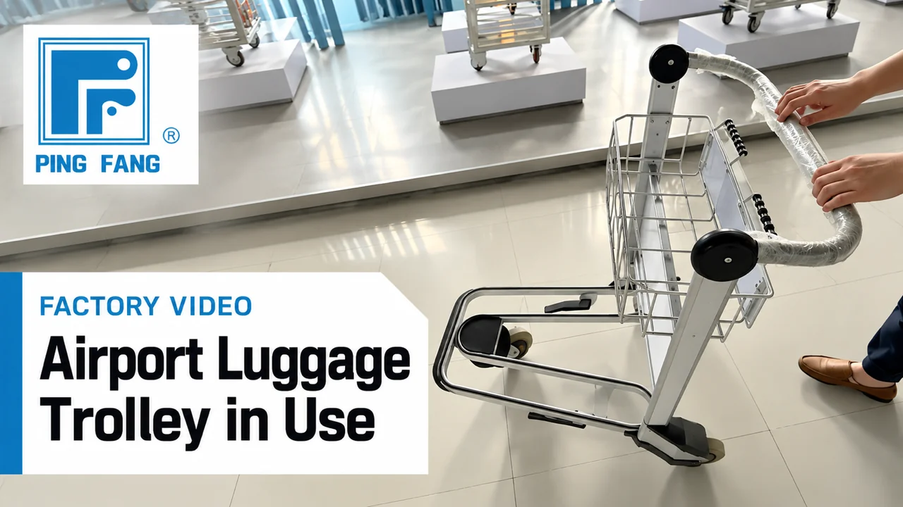 Video cover for the Ping Fang airport luggage trolley video, showing a trolley being tested and the Ping Fang logo