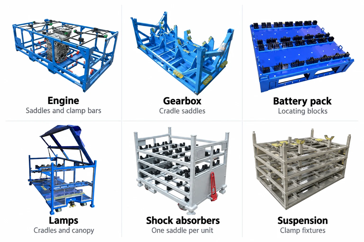 Diagram of how custom auto parts racks hold their parts, engine in saddles with clamp bars, gearbox in cradle saddles, battery between locating blocks, lamps in shaped cradles under a canopy, shock absorbers in saddle rows and suspension parts in clamp fixtures