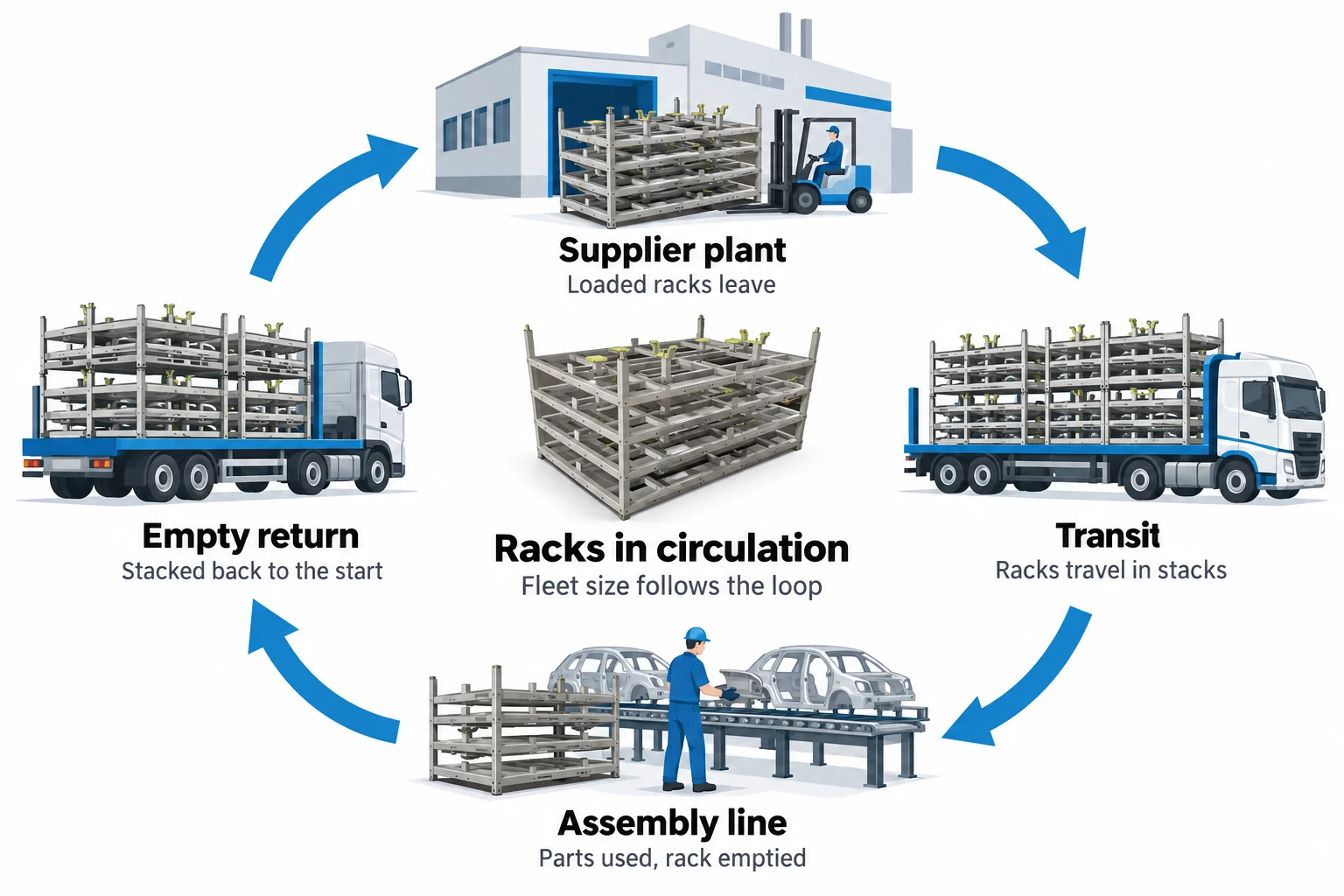 Diagram of the loop of a returnable auto parts rack from supplier plant to truck to assembly line and back, with the number of racks in the loop