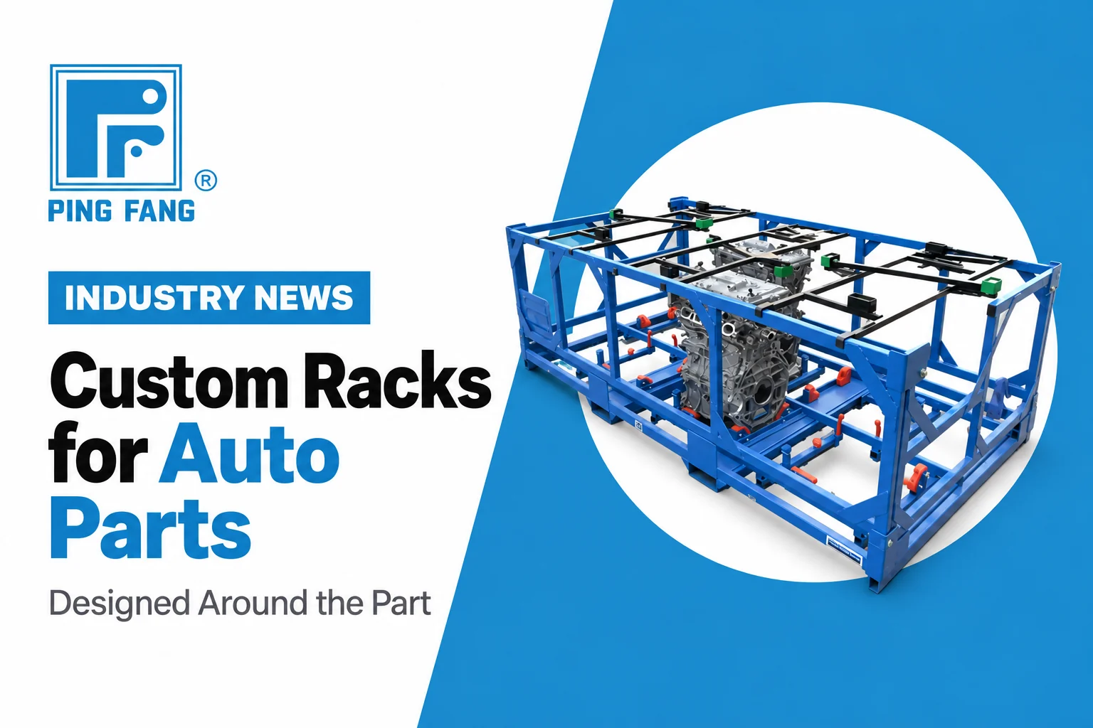 Cover of the article Custom Racks for Auto Parts with a blue steel engine rack on a blue panel and the Ping Fang logo