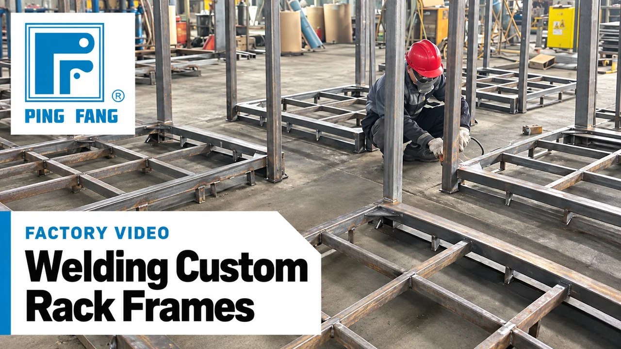 Video cover showing a worker welding a steel rack frame in the Ping Fang workshop with the Ping Fang logo