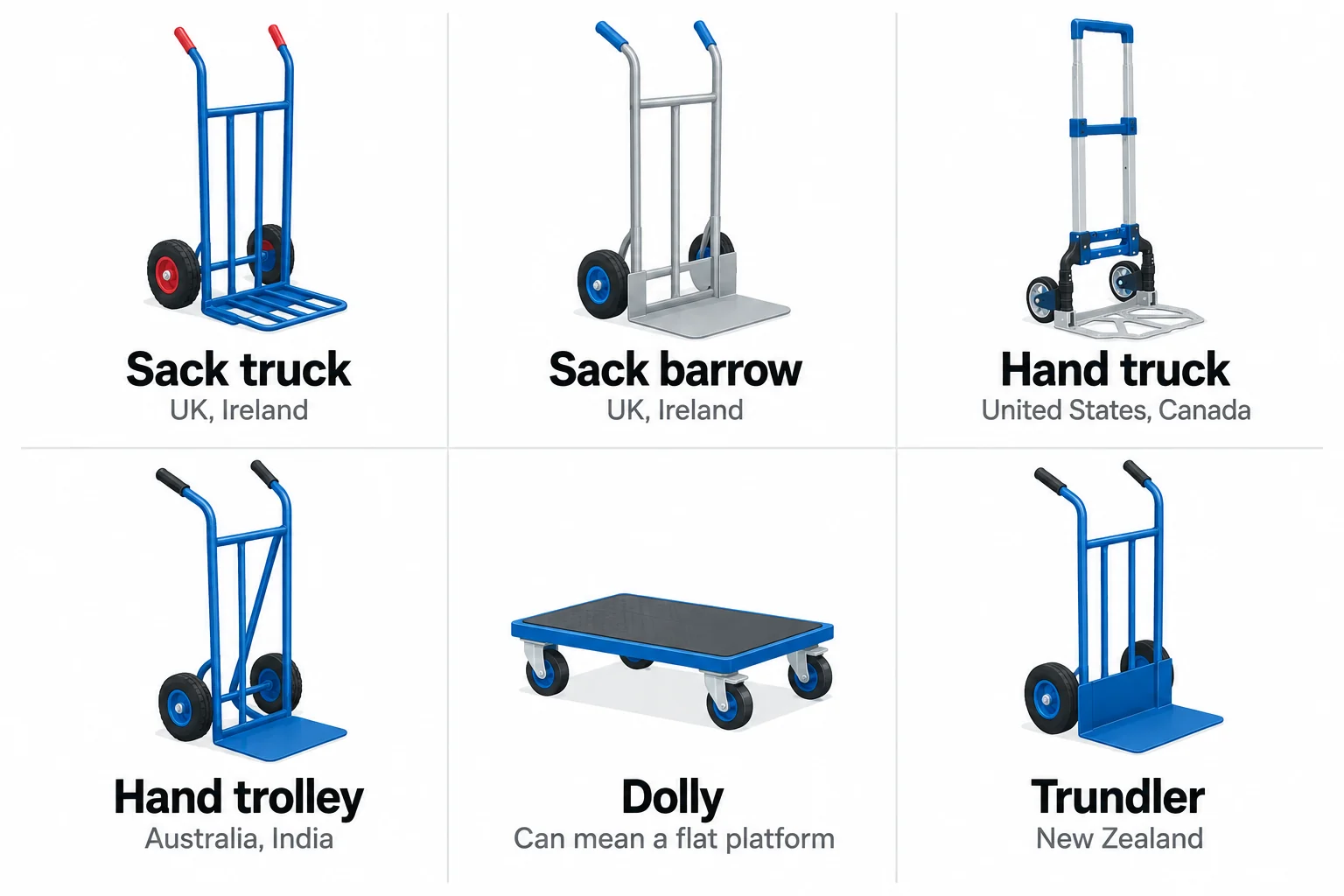 Diagram of six names for the two-wheeled hand truck, sack truck, sack barrow, hand truck, hand trolley, two wheel dolly and trundler, with where each is used