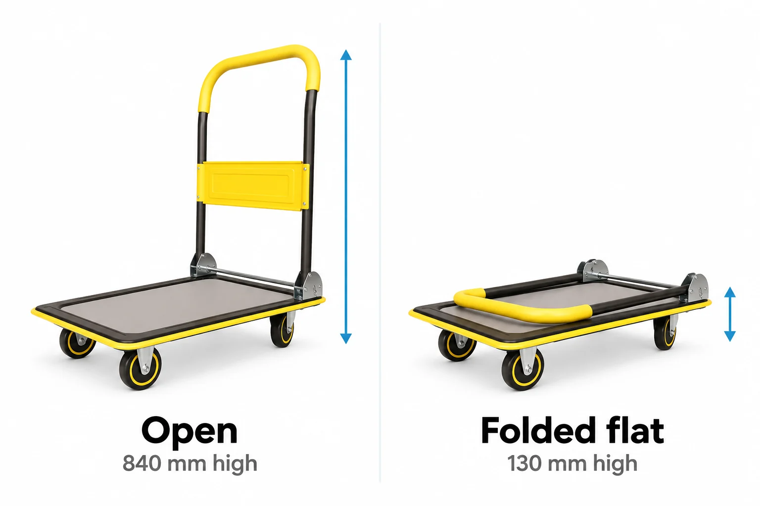 Diagram comparing an open platform trolley 840 millimeters high with the same trolley folded flat 130 millimeters high
