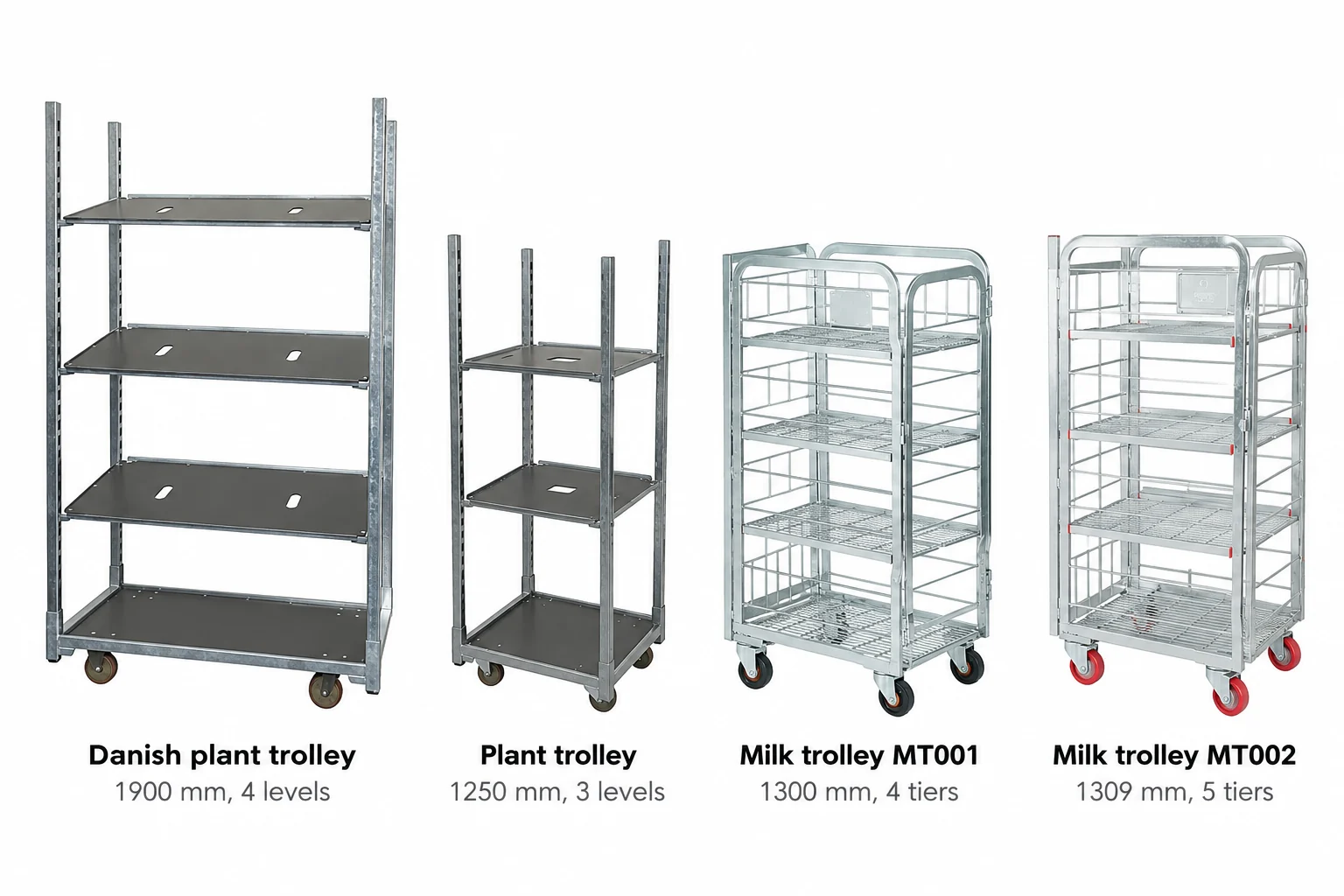 Diagram of four shelf trolleys drawn at one scale, the Danish plant trolley, the three layer plant trolley, the 4-tier milk trolley and the 5-tier milk trolley, with their heights