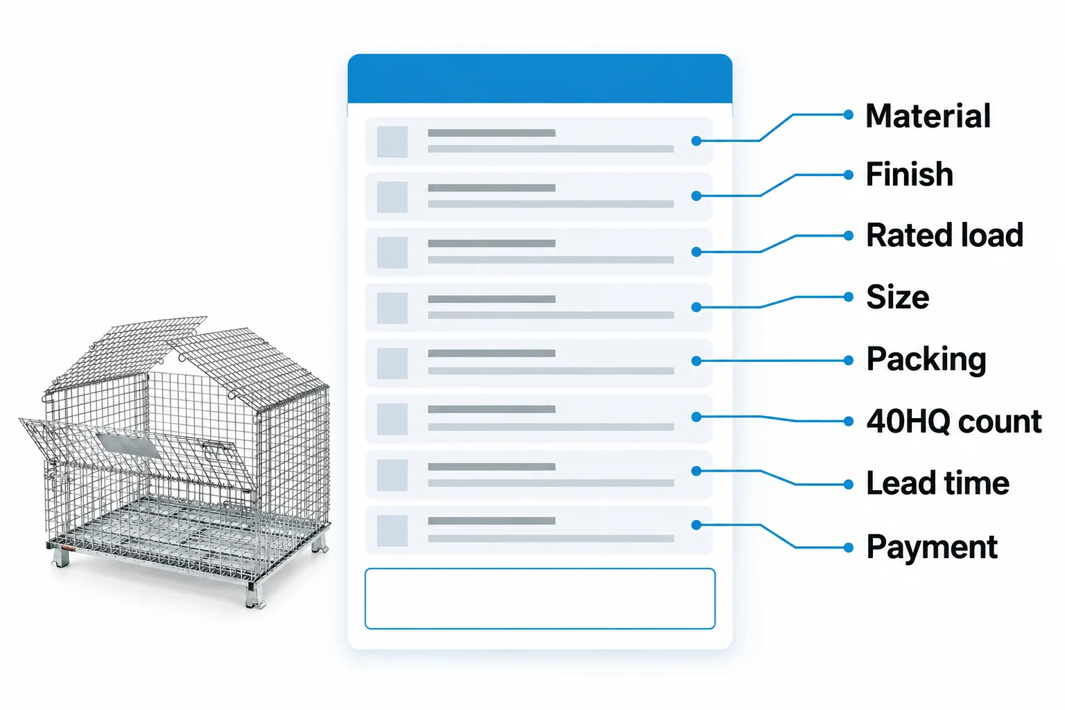 Diagram of a stillage quotation sheet with the lines to check marked, material, finish, rated load, size, packing, container count, lead time and payment terms