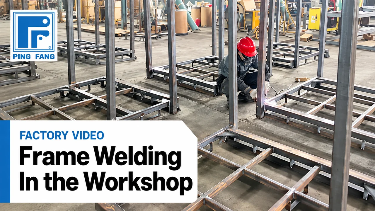 Video cover showing a worker welding a steel frame in the Ping Fang workshop with the Ping Fang logo
