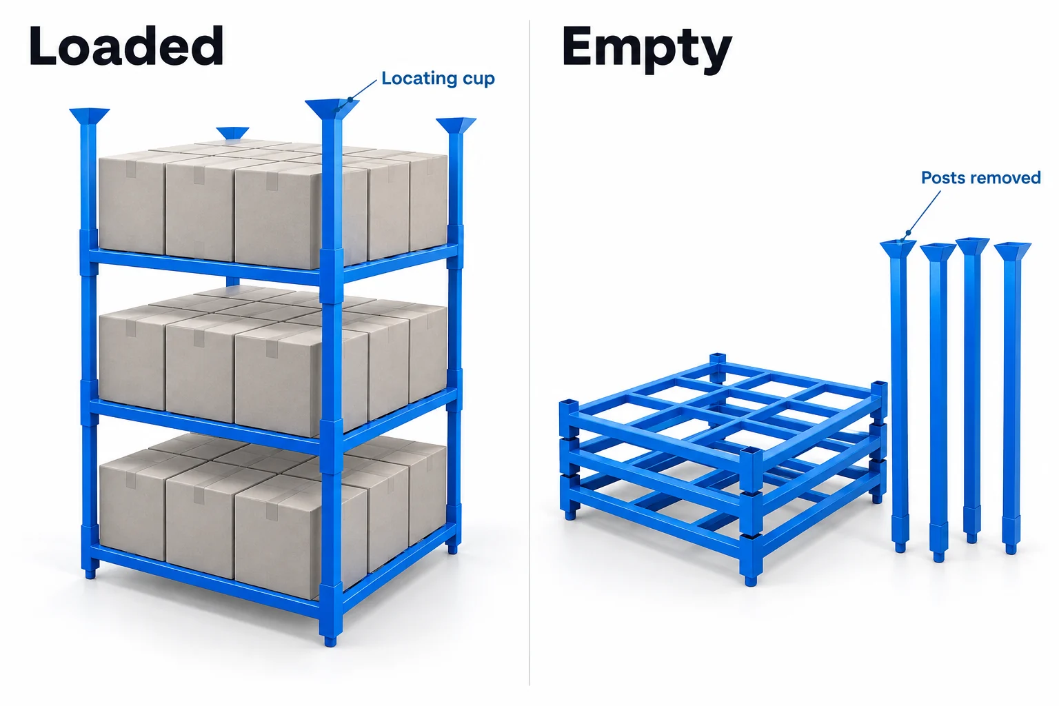 Cutaway diagram of three loaded units stacked on each other with locating cups on the posts, beside a pile of empty flat bases