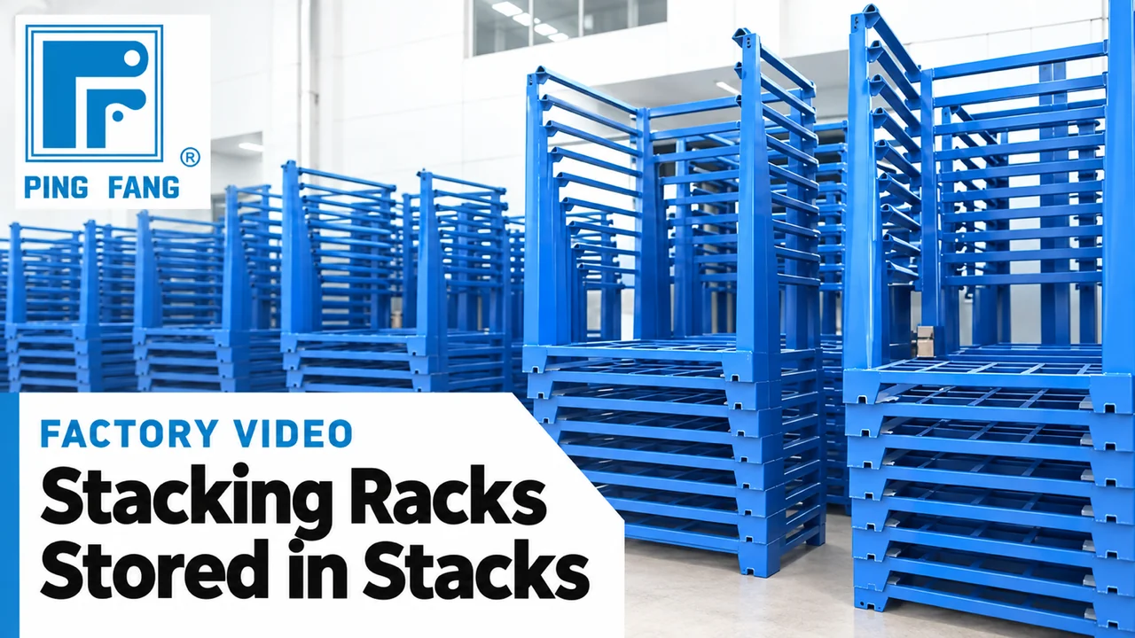 Video cover for the Ping Fang stacking racks video, showing blue steel racks stacked in a warehouse and the Ping Fang logo