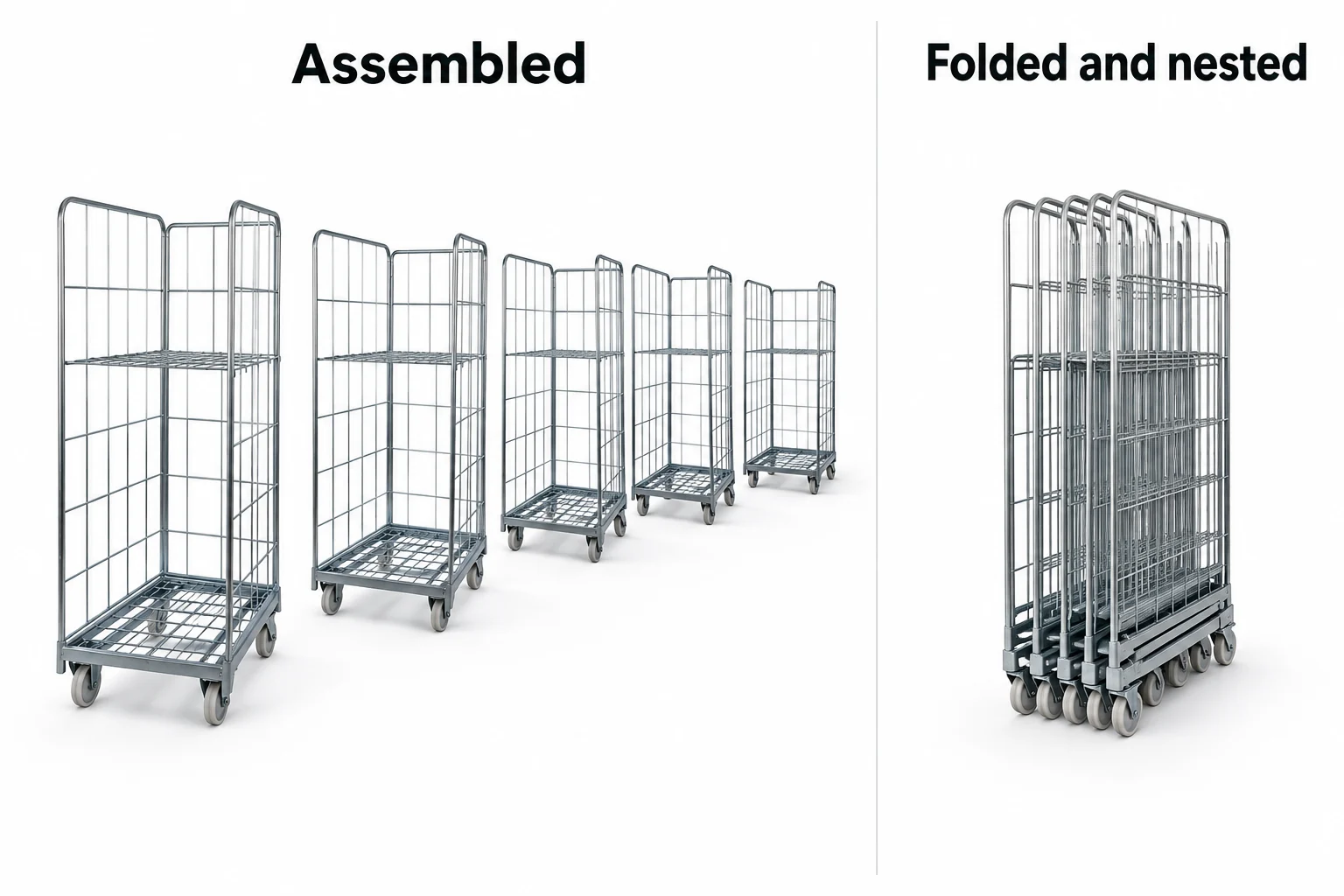 Diagram of assembled roll containers side by side compared with folded and nested roll containers packed tightly for shipping