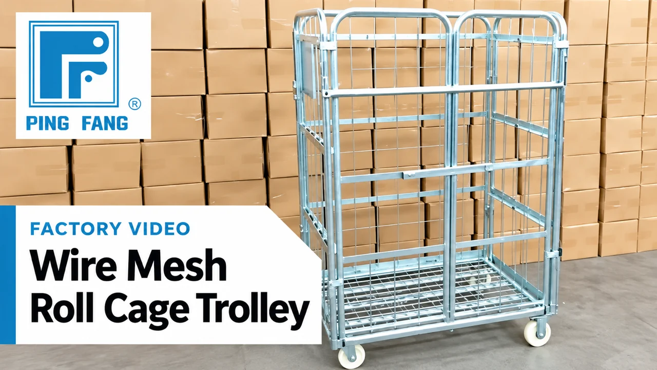 Video cover for the Ping Fang security wire mesh roll cart video, showing a galvanized roll cage and the Ping Fang logo