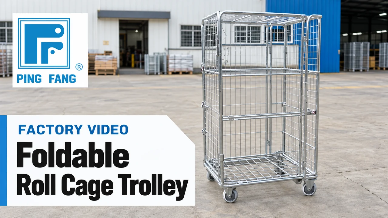Video cover for the Ping Fang foldable roll cage trolley video, showing a galvanized cage and the Ping Fang logo