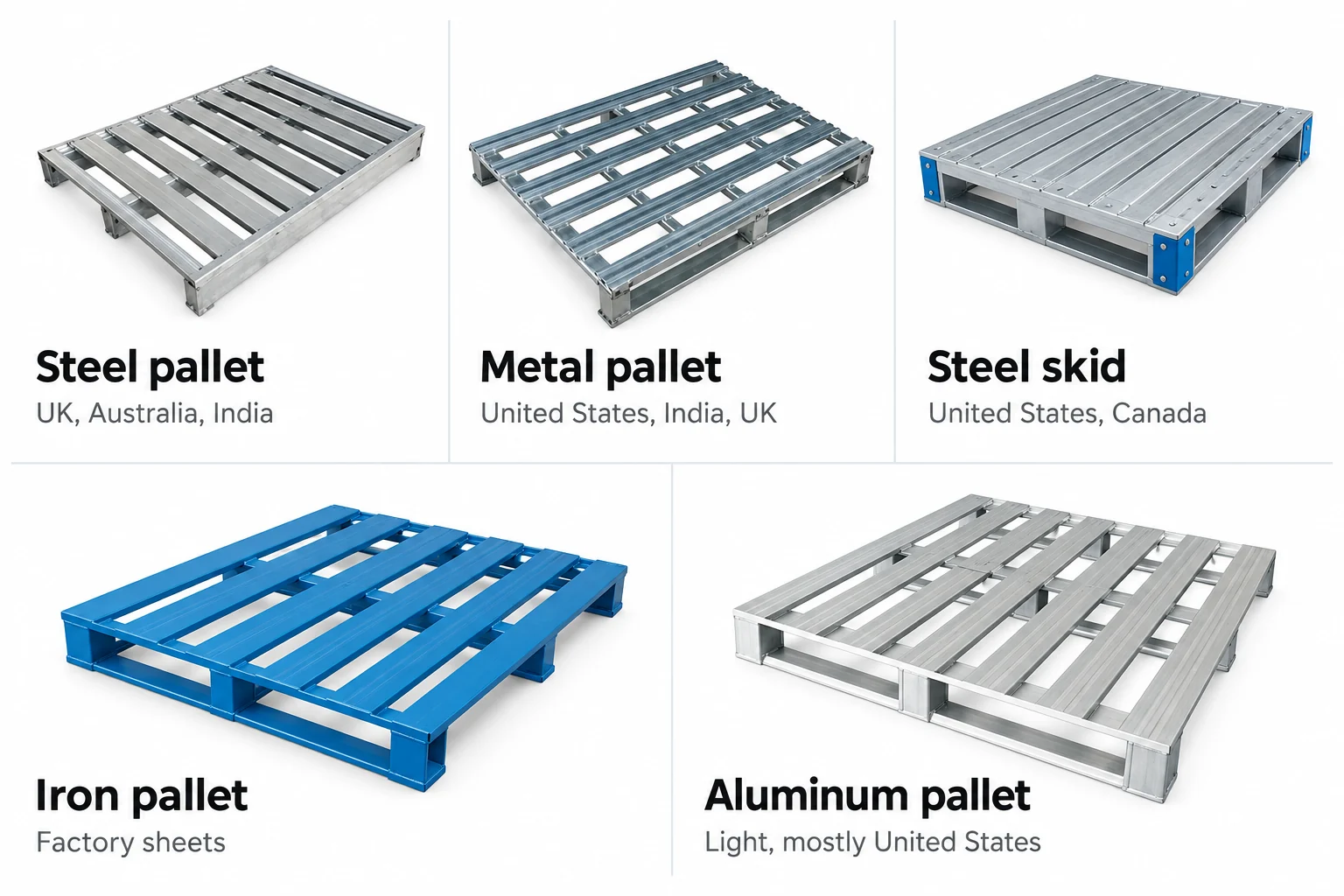 Diagram of the names for metal pallets, steel pallet, metal pallet, steel skid, iron pallet and aluminum pallet, with where each is used