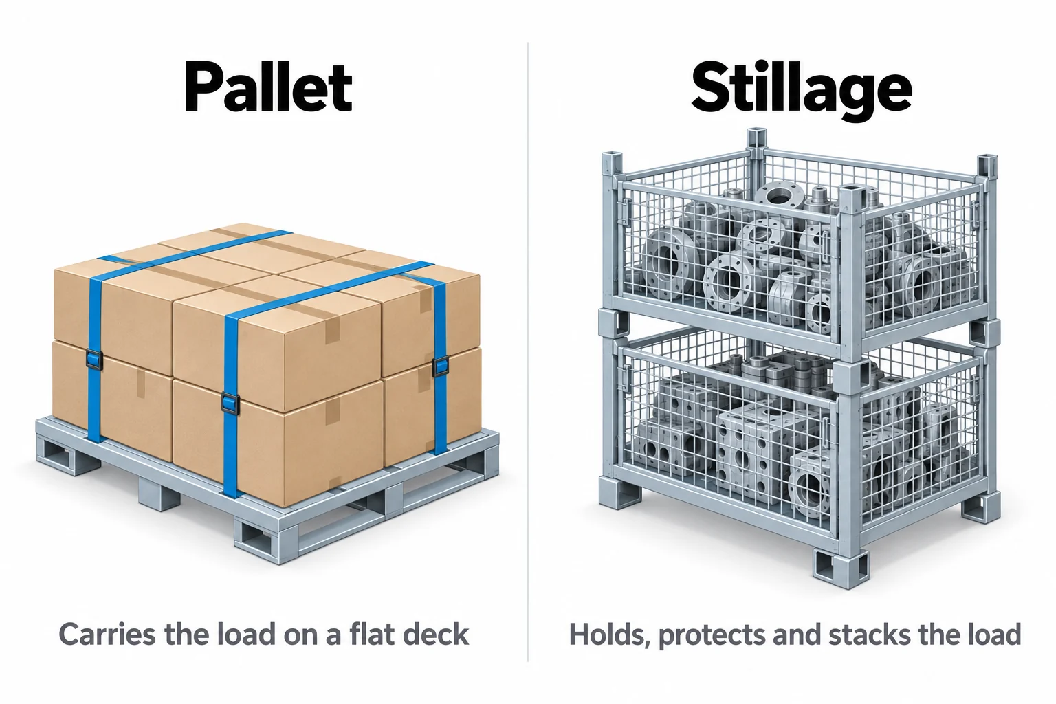 Diagram comparing a flat steel pallet carrying boxes with a stacked wire-mesh stillage holding machine parts