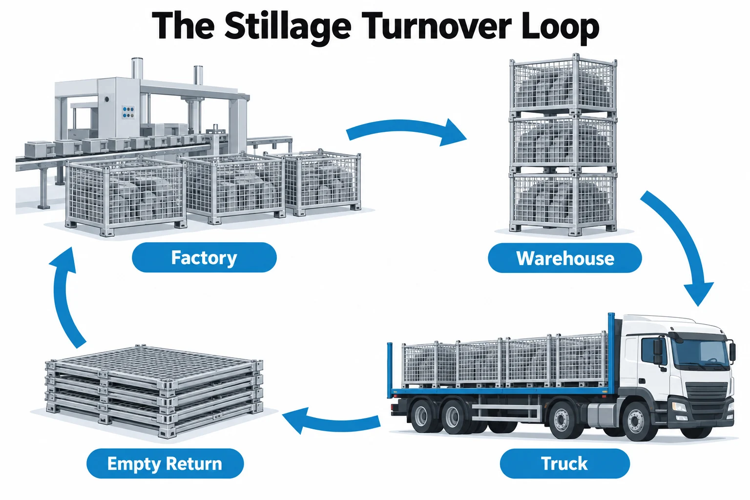 Infographic of the stillage turnover loop from factory to warehouse to truck and back as folded stillages