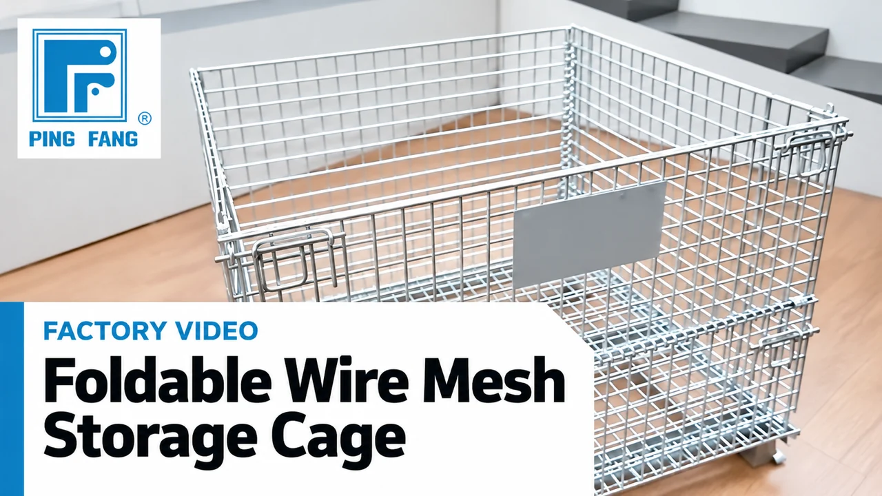 Video cover for the Ping Fang foldable wire mesh storage cage factory video, showing the cage and the Ping Fang logo