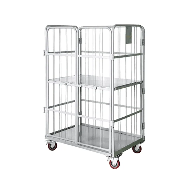 4 Sides Powder Coated Folding Wire Mesh Logistic Roll Cage Trolley