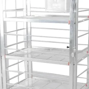 Five wire mesh shelf levels of the MT002 milk roll cage trolley