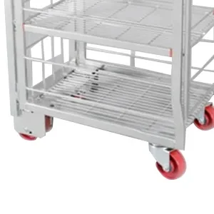 Bottom shelf and two swivel, two fixed wheels of the MT002 milk trolley