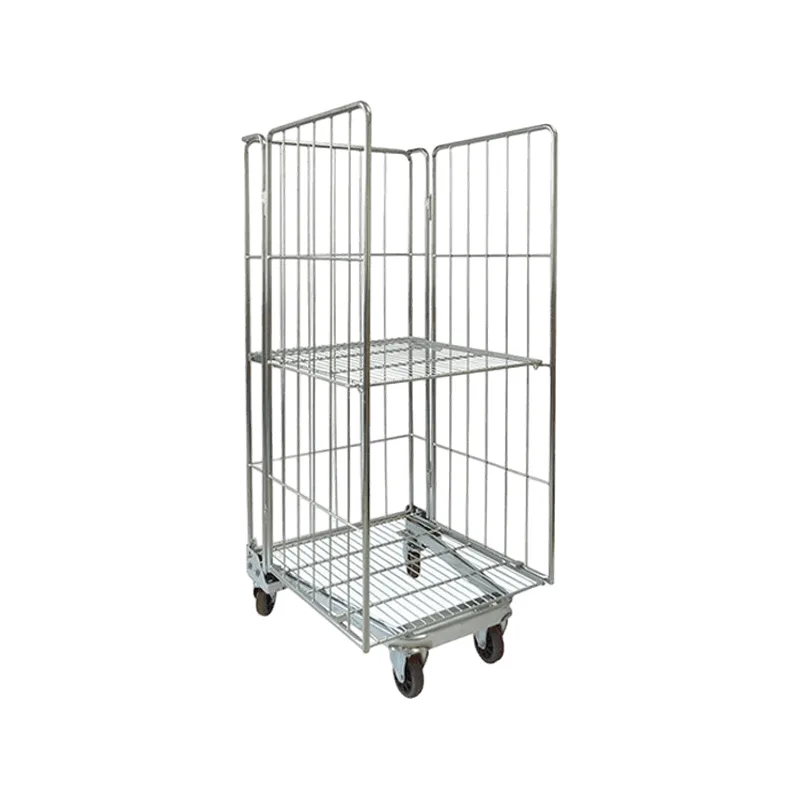 Warehouse Storage Zinc Finish Wire Mesh 3-Sided Roll Cage Trolley