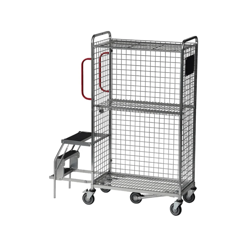 Galvanized picking trolley with fitted fold-away steps