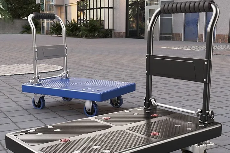 Two foldable platform trolleys with blue and black decks