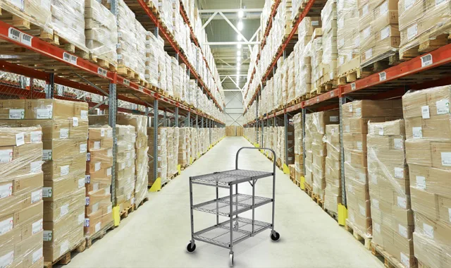 Roll cage moving through a distribution warehouse aisle
